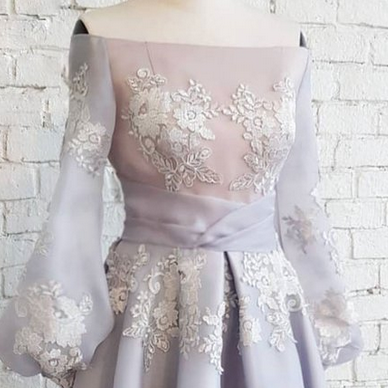 Cute Chiffon Lace Short Prom Dress, Gray..