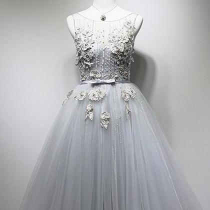 Gray Tulle Tea Length Beading Party Dress, Spring..