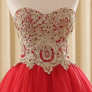Sleeveless Red Party Dress With Gold Appliques