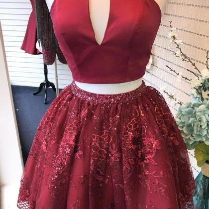 Two Piece Burgundy Beaded Sequins Homecoming Dress..
