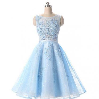 Light Blue Appliqued Sleeveless Lace Homecoming..