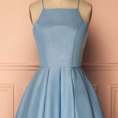 A Line Sky Blue Homecoming Gown,spaghetti Straps..