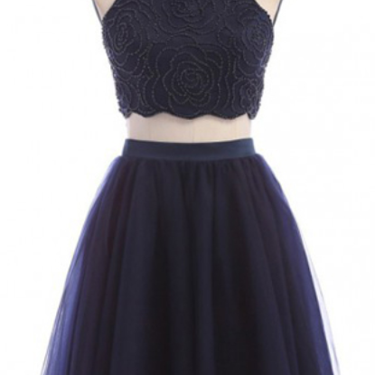 Two Pieces Sleeveless Navy Blue Homecoming..