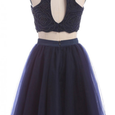 Two Pieces Sleeveless Navy Blue Homecoming..