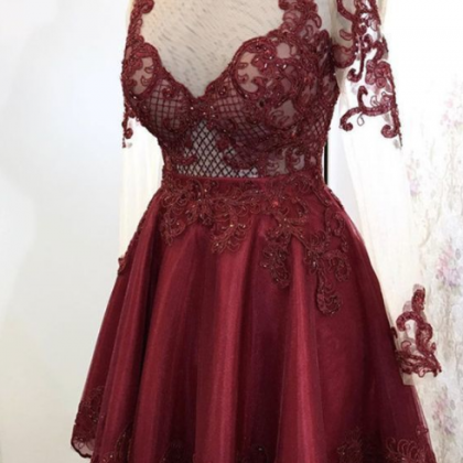 Elegant Burgundy Tulle Homecoming Dresses Lace..