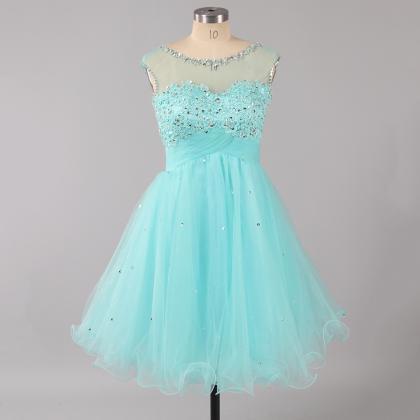 A-line Blue Homecoming Dresses, Illusion Neck..