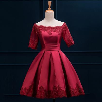Off The Shoulder Red Satin Prom Dress With Half..