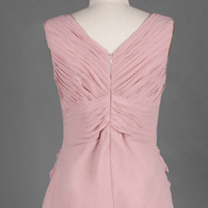 Simple V-neck Pink Bridesmaid Dress, Short Chiffon..