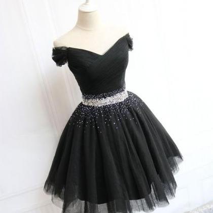 Black Tulle Off Shoulder Short Prom Dress, Black..