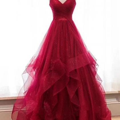Princess Straps Red Long Ball Gown,v-neck Tulle..