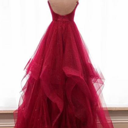 Princess Straps Red Long Ball Gown,v-neck Tulle..