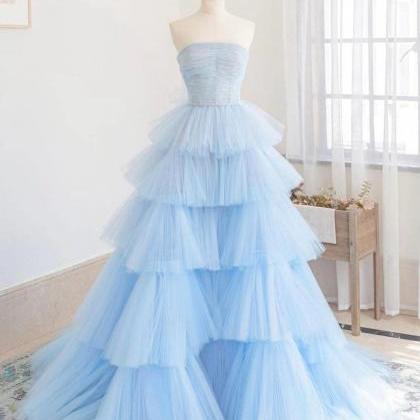 Blue Strapless Tulle Long Prom Dress,evening Dress