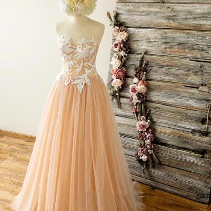 Strapless Nude Wedding Dress With Lace..