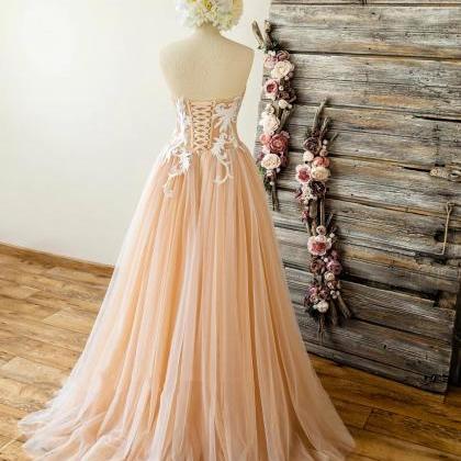 Strapless Nude Wedding Dress With Lace..