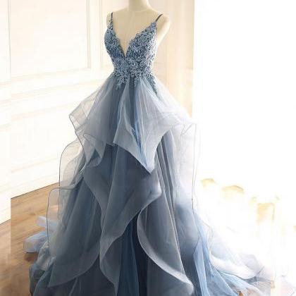 Blue V-neck Tulle Lace Prom Dress,spaghetti Strap..