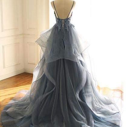 Blue V-neck Tulle Lace Prom Dress,spaghetti Strap..