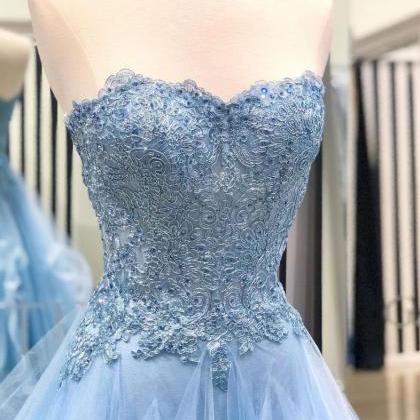 Blue Sweetheart Applique Lace Prom Dress,strapless..