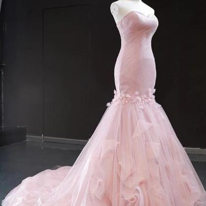 Pink Sweetheart Tulle Prom Dress, Mermaid Formal..