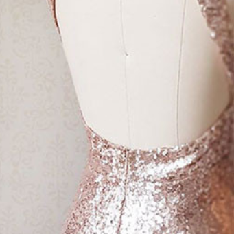Champagne V Neck Sequined Prom Dress,backless..