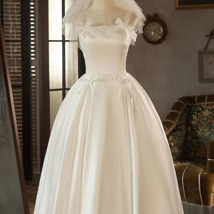 Light Wedding Bow Dress, Simple Satin Dress, Cute..