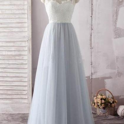A Line Tulle White Lace Formal Prom Dress, Modest..