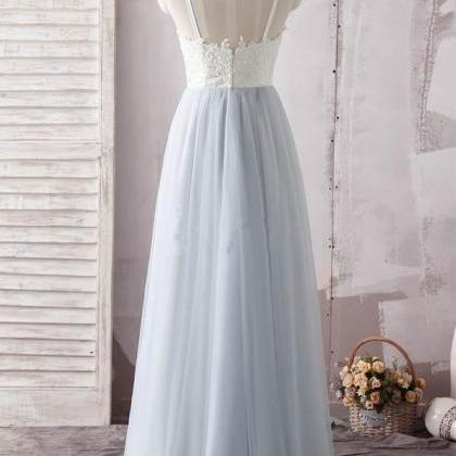 A Line Tulle White Lace Formal Prom Dress, Modest..