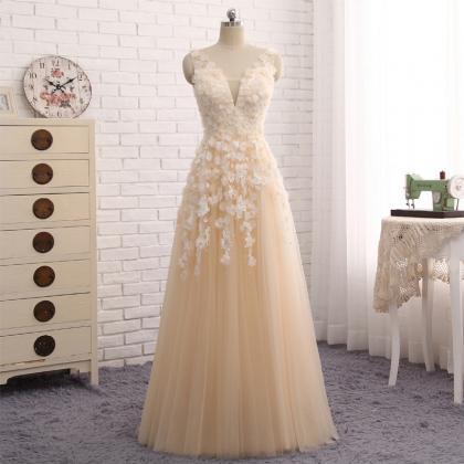 V Neck Tulle A Line Formal Prom Dress, Beautiful..