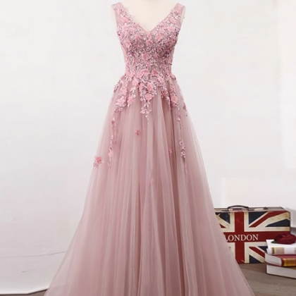 Elegant V-neck Lace-up Tulle Formal Prom Dress,..