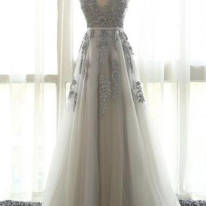 Elegant V Neck Appliques Tulle Formal Prom Dress,..