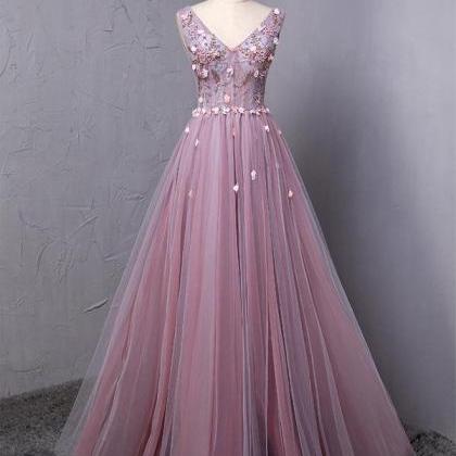 Elegant V Neck A-line Tulle Formal Prom Dress,..