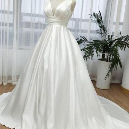 Elegant V Neck Satin Formal Prom Dress, Beautiful..