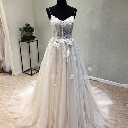 Elegant Straps Lace Tulle Formal Prom Dress,..