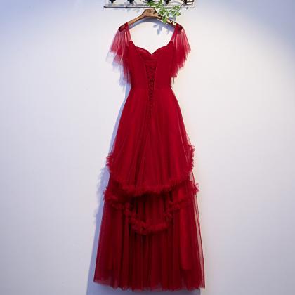 Red Strapless Evening Dress Elegant Short Sleeves..