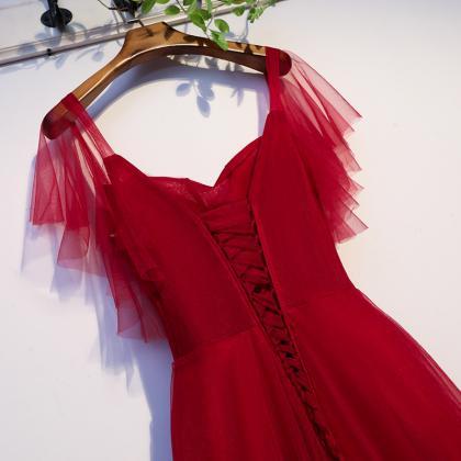 Red Strapless Evening Dress Elegant Short Sleeves..
