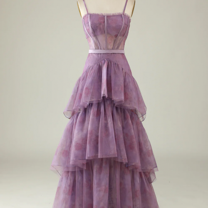 Purple Printed A Line Corset Prom Dress