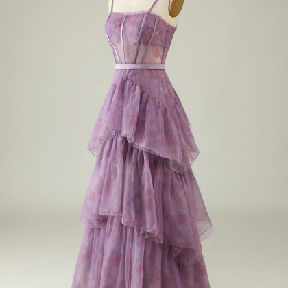 Purple Printed A Line Corset Prom Dress