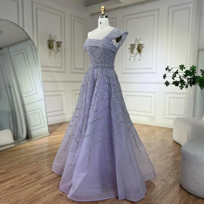 Prom Dress, Lilac Luxury Beaded A-line Lace Up..