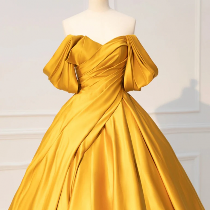 Long A-line One Shoulder Satin Yellow Prom Dress main image 1