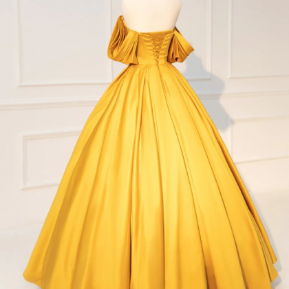 Yellow A-line Satin Off Shoulder Prom Dress, Yellow Evening Dress main image 1
