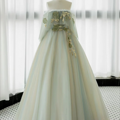 Green Tulle Lace Long Prom Dress, Green Tulle Formal Dress