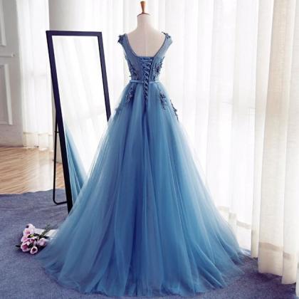 Blue Floor Length Tulle A-line Prom Gown Featuring..