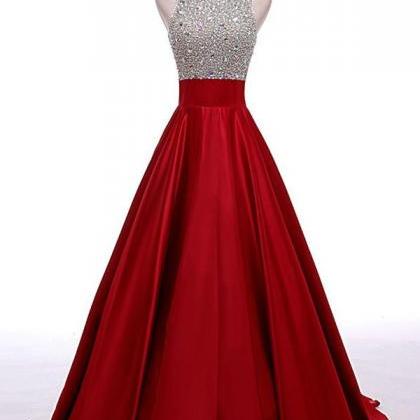 Red Sleeveless Crystal Embellished Bodice Satin..