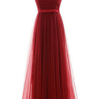 Red Strapless Sweetheart Tulle Long Prom Dress..