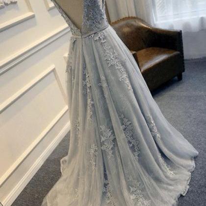 Gray Blue Lace Wedding Dress, Elegant Blue Gown,..