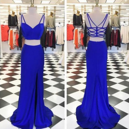 Two Pieces Royal Blue Prom Dresses, Sexy Side Slit..