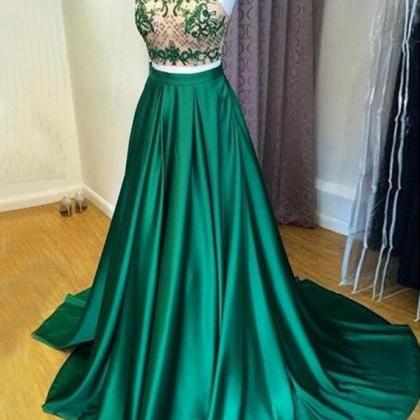 Green Jewel Sweep Train Prom Dress With..