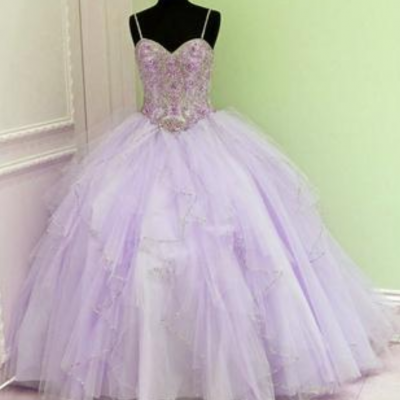 Spaghetti Straps Crystal prom dress, Beaded Sweetheart prom dress,Tulle Ruffles Ball Gowns prom dress