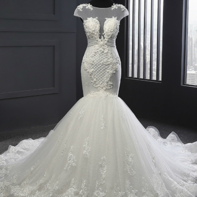 Sheer Cap Sleeved Mermaid Wedding Dress With Lace Appliqués and Lace-up Back
