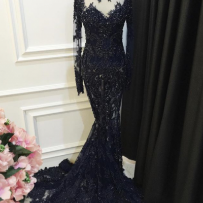 High Collar Black Lace Prom Dress Long Sleeves Mermaid Evening Dress