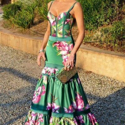 Mermaid Spaghetti Straps Green Printed Satin Prom Dress with Pleats 